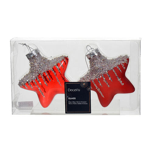 Set of 2 Christmas tree decorations, red stars with silver glitter 4