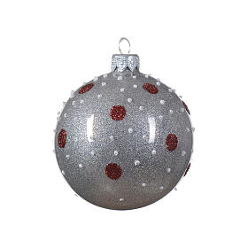 Weihnachtsbaumkugeln, 6-teiliges Set, sortiert, mit Pünktchendekoration, Weiß/Grau/Rot, glänzend, 80 mm, geblasenes Glas