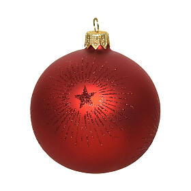 Weihnachtsbaumkugeln, 6-teiliges Set, Stern im Strahlenkranz, Rot, matt, 80 mm, geblasenes Glas