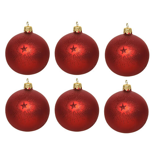 Set 6 pcs boules de Noël rouge mat étoile en paillettes verre soufflé 80 mm 2