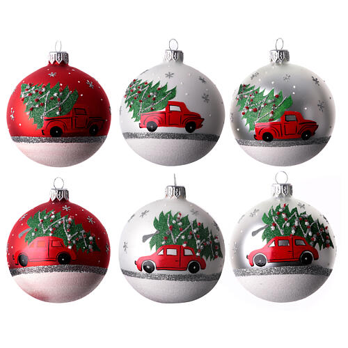 Weihnachtskugeln, sortiert, Motiv Auto mit Baum, weiß/silber/ rot, 80 mm, mundgeblasenes Glas 1