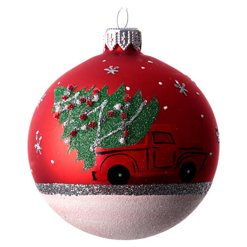 Weihnachtskugeln, sortiert, Motiv Auto mit Baum, weiß/silber/ rot, 80 mm, mundgeblasenes Glas 2