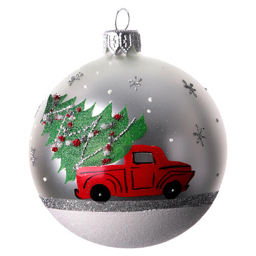 Weihnachtskugeln, sortiert, Motiv Auto mit Baum, weiß/silber/ rot, 80 mm, mundgeblasenes Glas 4