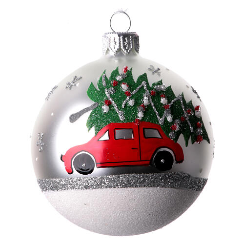 Weihnachtskugeln, sortiert, Motiv Auto mit Baum, weiß/silber/ rot, 80 mm, mundgeblasenes Glas 5