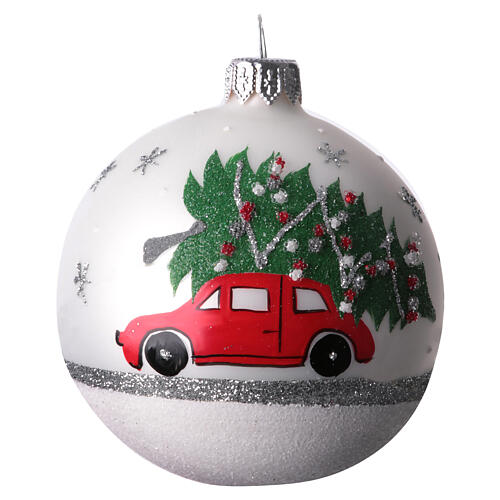 Weihnachtskugeln, sortiert, Motiv Auto mit Baum, weiß/silber/ rot, 80 mm, mundgeblasenes Glas 6