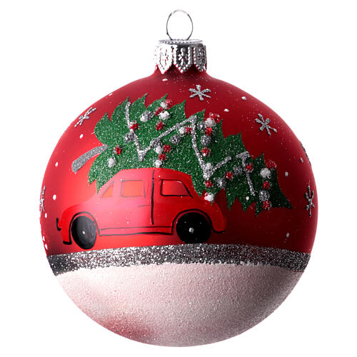 Boule de Noël assortie voiture avec sapin blanc argent rouge 80 mm verre soufflé 3