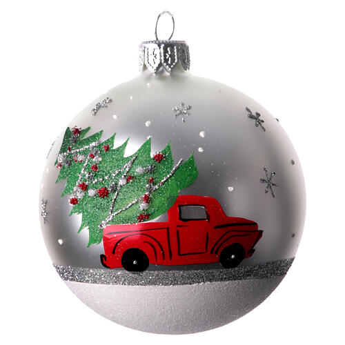 Boule de Noël assortie voiture avec sapin blanc argent rouge 80 mm verre soufflé 4