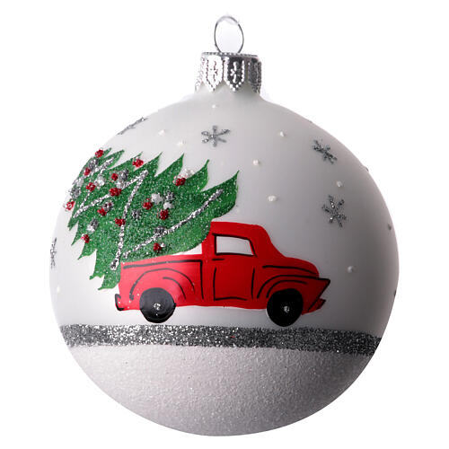 Boule de Noël assortie voiture avec sapin blanc argent rouge 80 mm verre soufflé 7