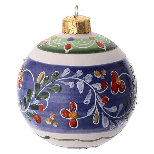 Blue ceramic Christmas bauble with floral swirls 8 cm Deruta 2