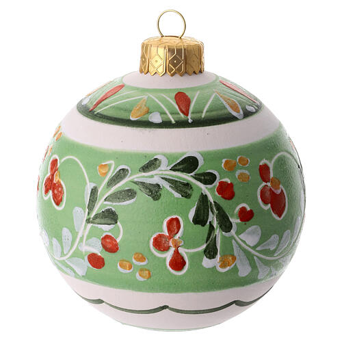 Light green ceramic Christmas ball with floral swirls, 3 in, Deruta 1