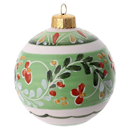 Light green ceramic Christmas ball with floral swirls, 3 in, Deruta 2