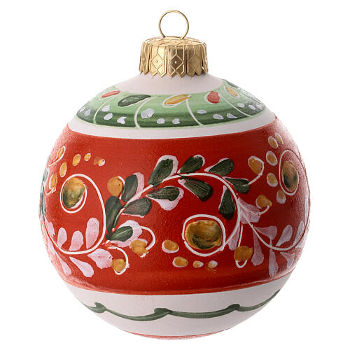 Weihnachtsbaumschmuck, Keramikkugel aus Deruta, florale Ranken, rote Töne, mit Heiliger Familie – Ø 8 cm 2