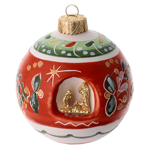 Boule de Noël céramique rouge motifs floraux Sainte Famille 8 cm Deruta 1