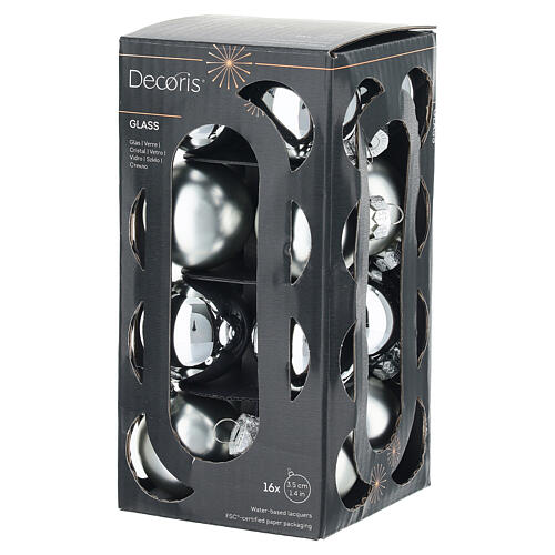 Boîte 16 boules de Noël argent verre recyclé brillant et mat 3,5 cm 2