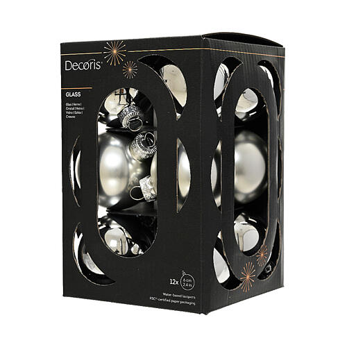 Weihnachtsbaumschmuck, 12-teiliges Set, silberfarbene Kugeln in matt und glänzend, recyceltes Glas – Ø 6 cm 2