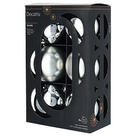 Box of 6 silver glass balls, glossy and matte finish, 3 in