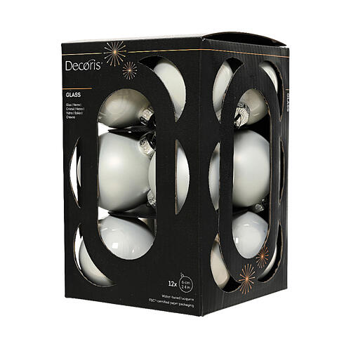 Caixa 12 bolas brancas vidro reciclado brilhante e opaco 6 cm 2