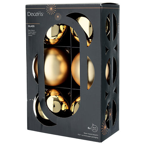 Box of 6 gold glass Christmas balls, glossy and matte, 3 in 1