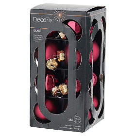 Box of 16 red recycled glass Christmas baubles, glossy and matte finish, 1.4 in