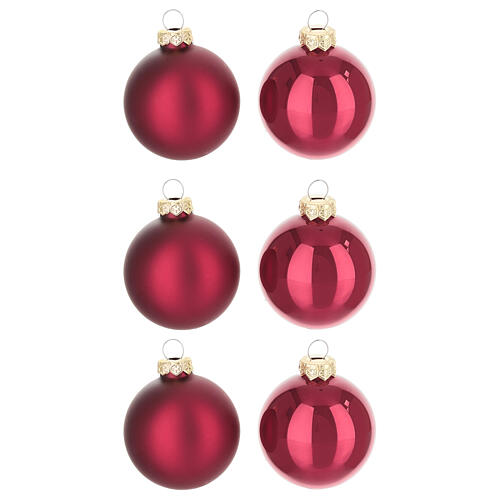 Box of 6 red glass Christmas balls, glossy and matt, 3 in 1