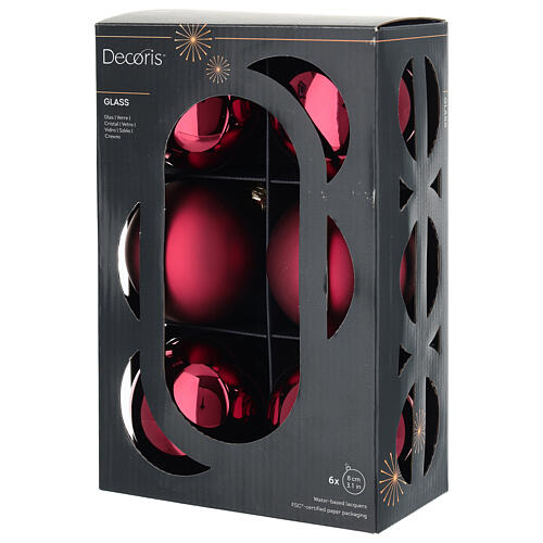 Box of 6 red glass Christmas balls, shiny and matte, 8 cm 3