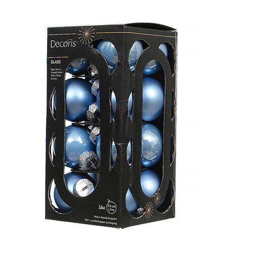 Weihnachtsbaumschmuck, 16-teiliges Set, himmelblaue Kugeln in matt und glänzend, recyceltes Glas – Ø 3,5 cm 2