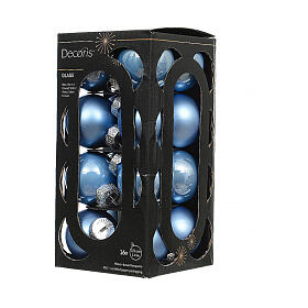 Box of 16 light blue recycled glass Christmas balls, glossy and matte finish, 1.4 in