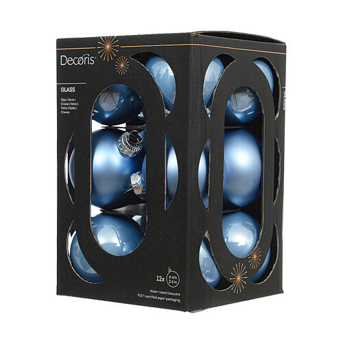 Boîte 12 boules de Noël bleu ciel verre recyclé brillant et mat 6 cm 3