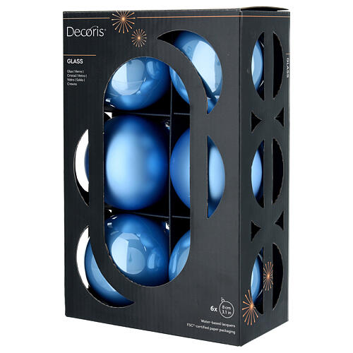Caja 6 bolas azul cielo vidrio liso y opaco 8 cm 3