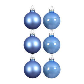 Boîte 6 boules de Noël bleu ciel verre brillant et mat 8 cm
