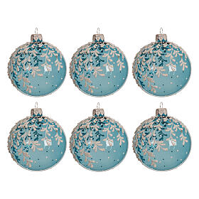 Box 6 palline vetro azzurro trasparente decoro foglie 8 cm