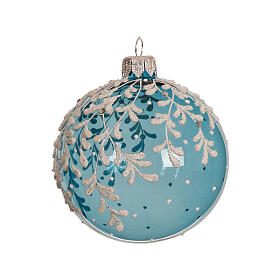 Box 6 palline vetro azzurro trasparente decoro foglie 8 cm