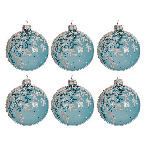 Caixa 6 bolas de vidro azul transparente decoração folhas 8 cm 1