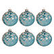 Box of 6 transparent blue glass balls with leaf decoration 8 cm s1