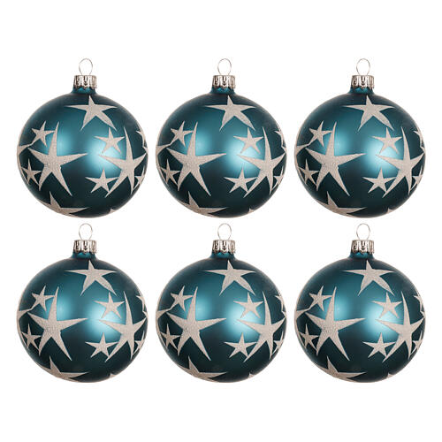 Set of 6 matte blue glass Christmas ornaments with white stars, 3 in 1