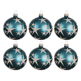 Set 6 boules de Noël bleues mates en verre avec étoiles blanches 8 cm