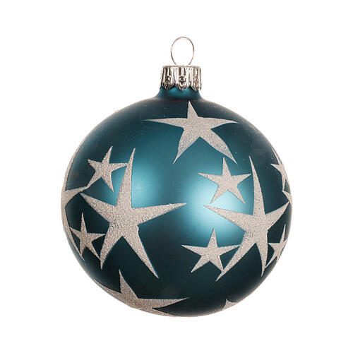 Set of 6 matte blue glass balls with white stars 8 cm 2