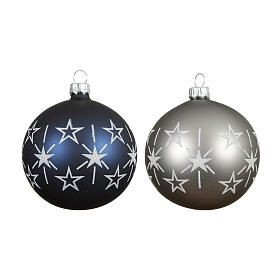 Weihnachtsbaumschmuck, 6-teiliges Set, Kugeln in Blau und Grau mit Sternendekor, Glas – Ø 8 cm
