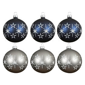 Box of 6 matte blue and grey Christmas balls with star pattern, 3 in