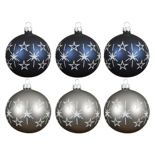 Box of 6 matte blue and grey Christmas balls with star pattern, 3 in 1