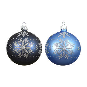 Box of 6 matte blue and light blue Christmas baubles, snowflake pattern, 3 in