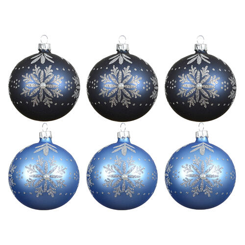 Box of 6 matte blue and light blue Christmas baubles, snowflake pattern, 3 in 1