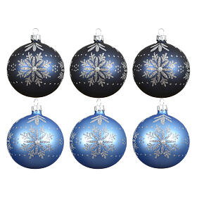 Box of 6 matte light and dark blue balls with snowflake motif 8 cm
