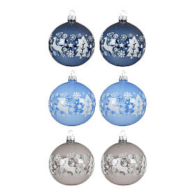 Set of 6 clear glass Christmas balls, glossy, with reindeer Christmas tree, 3 in