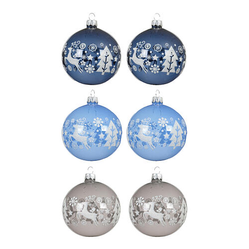 Set of 6 clear glass glossy Christmas tree reindeer baubles 8 cm 1