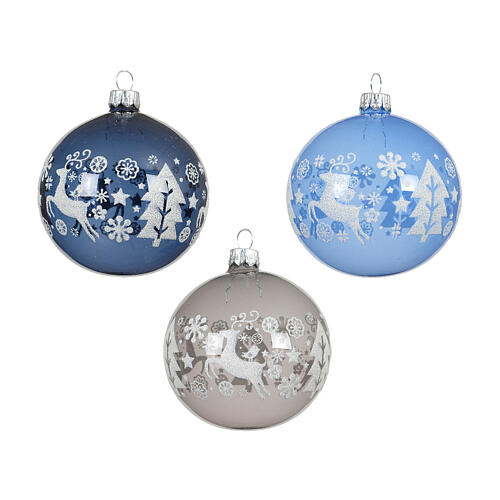 Set of 6 clear glass glossy Christmas tree reindeer baubles 8 cm 2