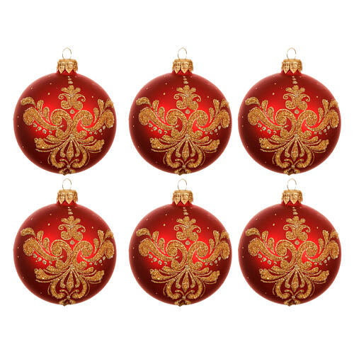 Weihnachtsbaumschmuck, 6-teiliges Set, rote Kugeln mit goldenen Ranken, matte Oberfläche, Glas – Ø 8 cm 1