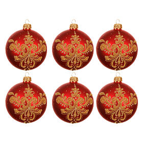 Set of 6 red matte glass balls with golden swirls, 3 in