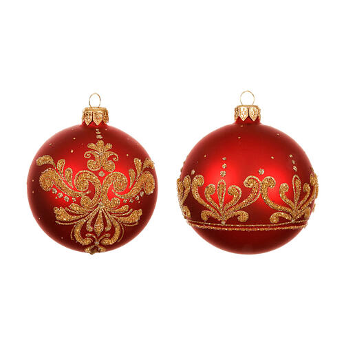 Set 6 palline rosse ghirigori dorati vetro opaco 8 cm 2