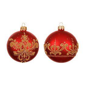 Set of 6 red balls with golden swirls matte glass 8 cm